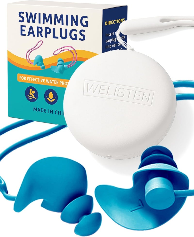Welisten Swimming Ear Plugs for Adults,Waterproof Reusable Silicone Ear Plugs with Strap & Custom Case, Swimmer Earplugs for Surfing, Diving, Showering, Pool and Other Water Sports (Adults & Teens 14+) - Image 1